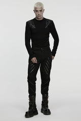 Black Round Collar Long Sleeves Buckled Strappy Pleated Eyelet Men's Punk Top - Product - 4