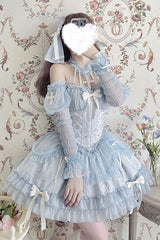 Blue Tube Top Sleeveless Blowknot Ruffled Sweet Lolita Tiered Dress - Product - 3