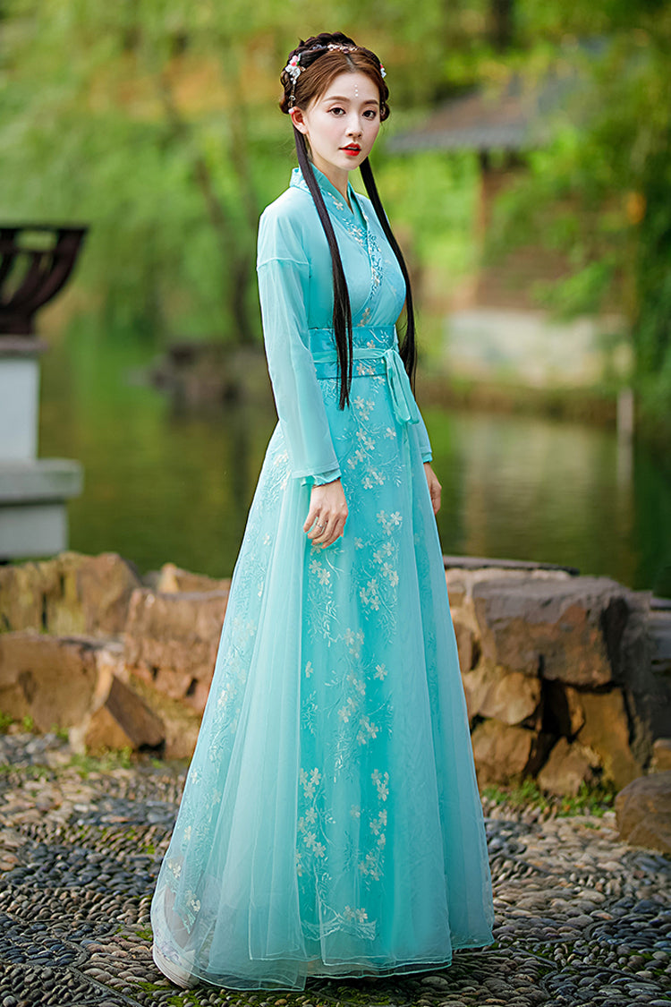 Green Fairy Airy Spring Flower Embroidery Sweet Hanfu Dress - Product - 3