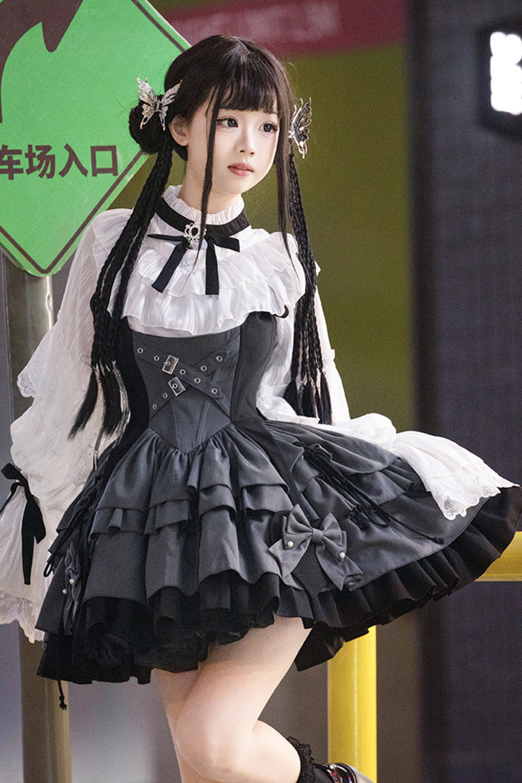 Black/Grey [Machinist] Sleeveless Multi-Layered Ruffle Bowknot Classic College Style Lolita Dress - Product - 3