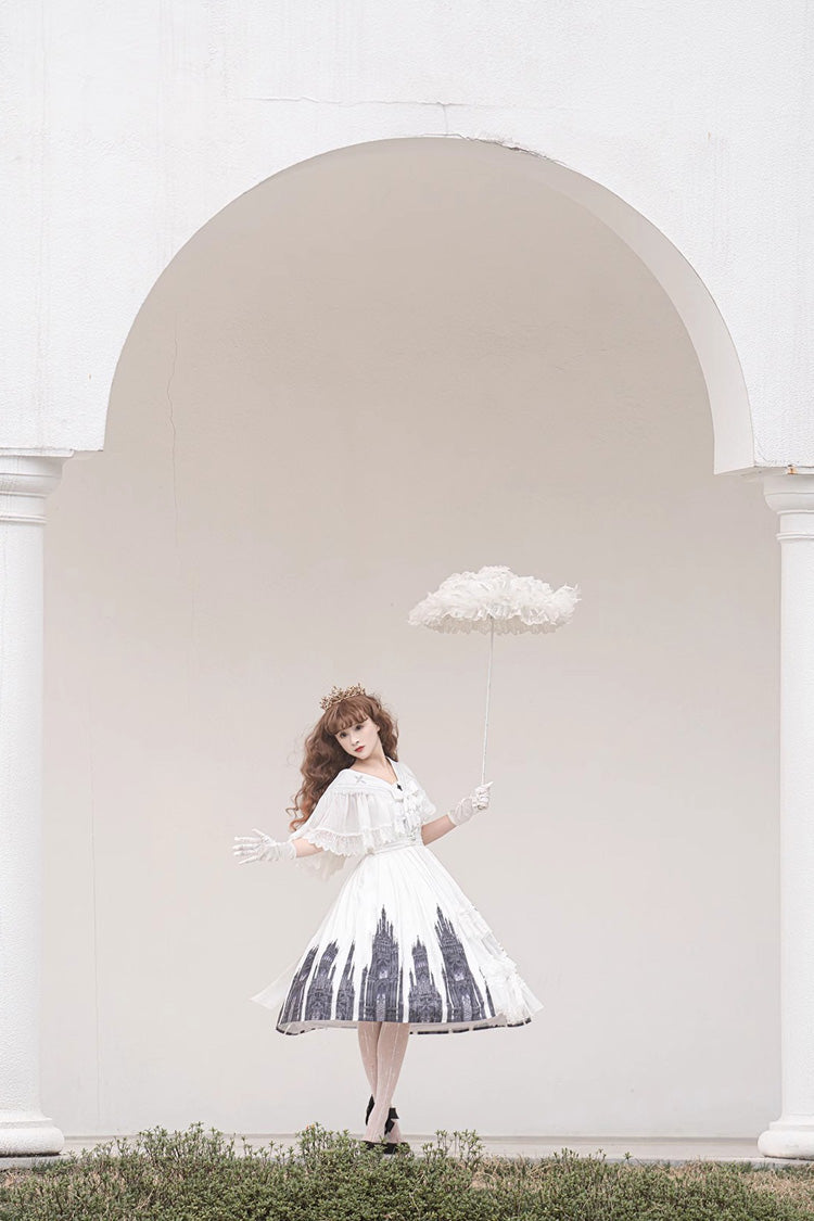 White Sleeveless Print Lace Gothic Vintage Princess Lolita Jsk Dress - Product - 5