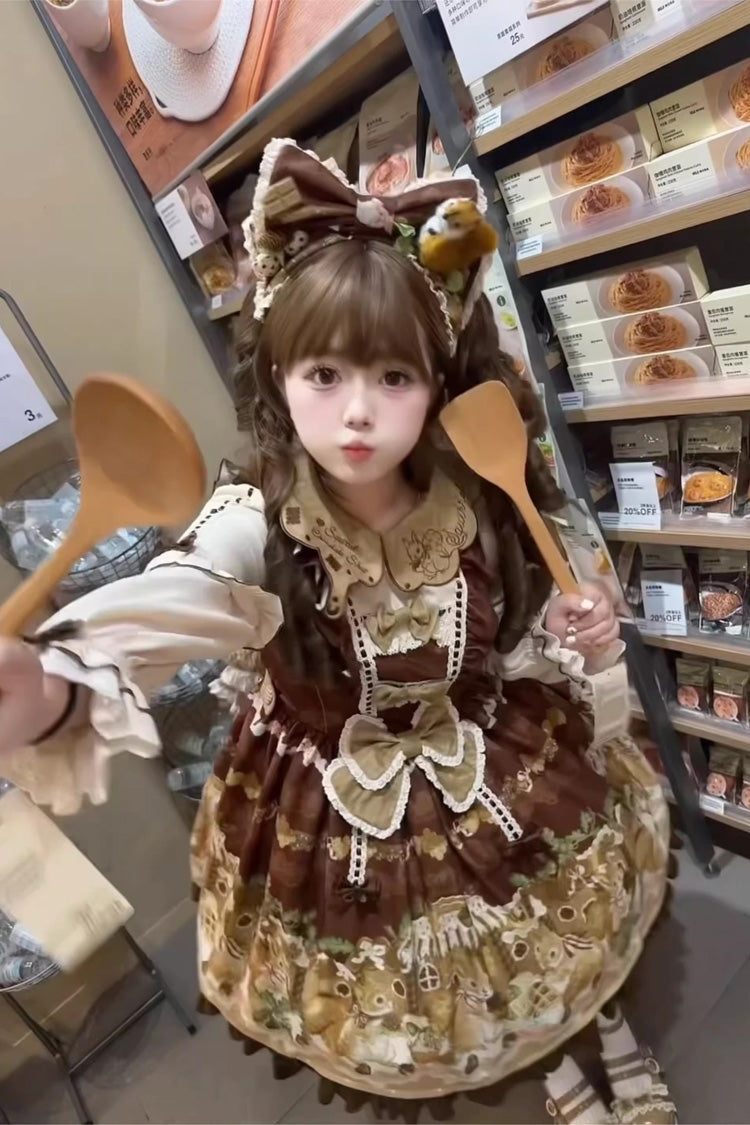 Brown [Squirrel Chocolate Shop] Doll Collar Long Sleeves Printed Ruffled Bow Sweet Lolita Dress - Product - 2