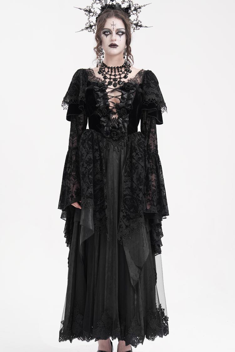 Black Crochet Long Sleeves Hanayome Lace Women's Gothic Dress - Product - 4