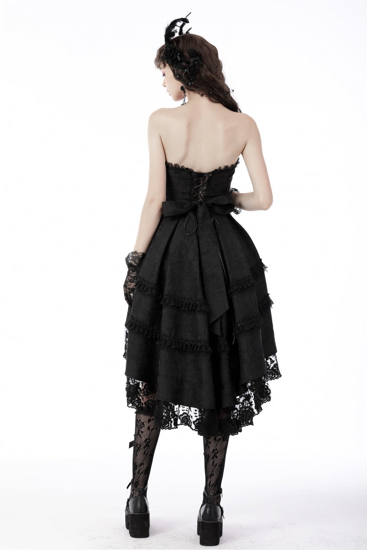 Black Sleeveless Lace-Up Women's Gothic Lace Multi-Layered High/Low Slip Wedding Graduation Dress - Product - 4