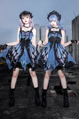 Black/Blue Butterfly Effect Sleeveless Print Bowknot Version Gothic Punk Lolita Dress - Product - 3
