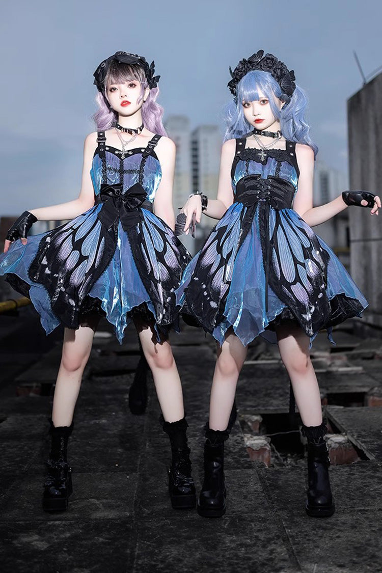 Black/Blue Butterfly Effect Sleeveless Print Bowknot Version Gothic Punk Lolita Dress - Product - 3