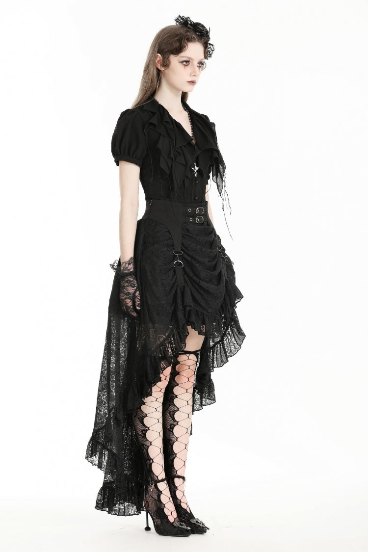 Black Women's Gothic Princess High Waisted Lace Lace-Up Buckled High/Low Tail Hem Maxi Skirt - Product - 11