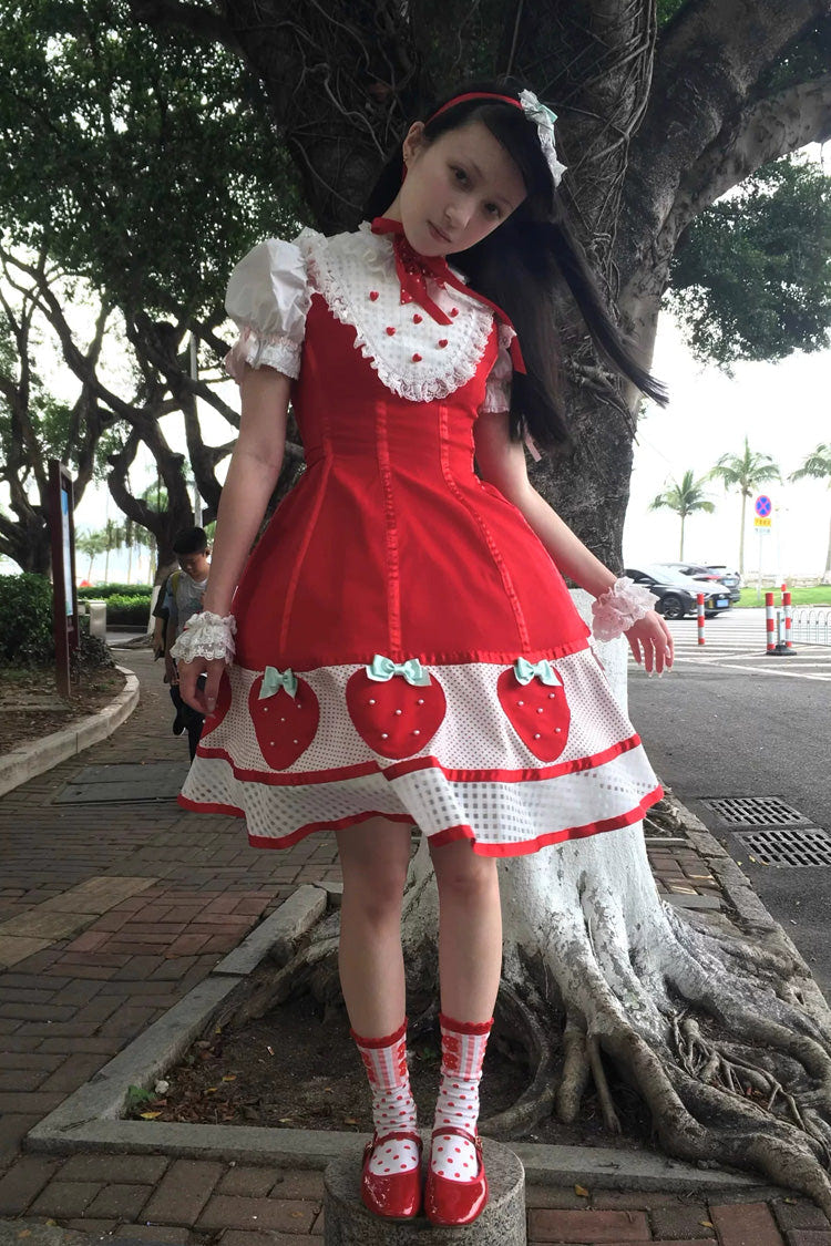 [Miss Peculiar Strawberry] Stand Collar Sleeveless Printed Bow Sweet Lolita Dress 2 Colors (Red, Blue/Black) - Product - 14