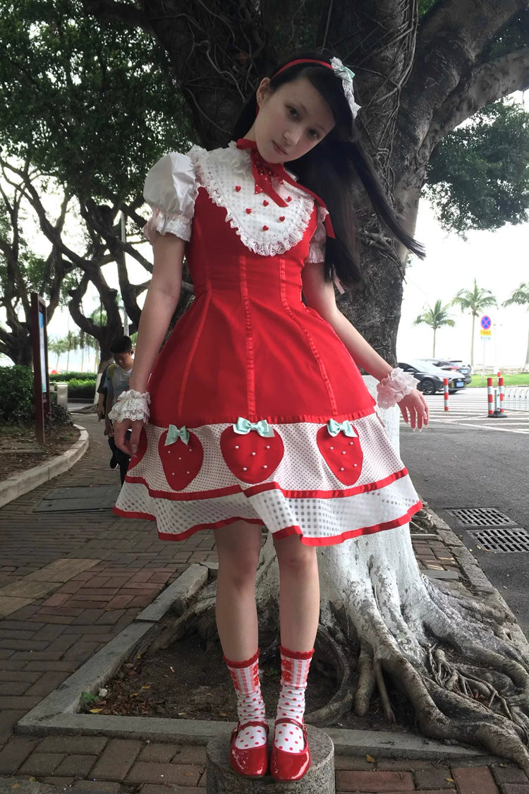 [Miss Peculiar Strawberry] Stand Collar Sleeveless Printed Bow Sweet Lolita Dress 2 Colors (Red, Blue/Black) - Product - 14