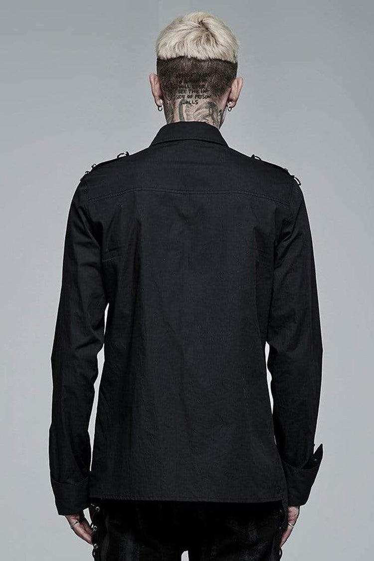 Black Punk Asymmetric Hem Personality Metal Buckle Decorative Soft Long Sleeve Men's Shirt - Product - 3