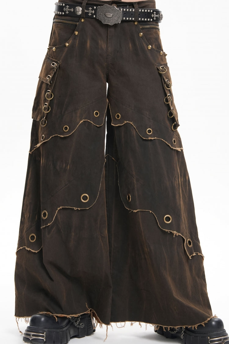 Coffee Eyelet Men's Gothic Pants Pocket Trousers - Product - 13