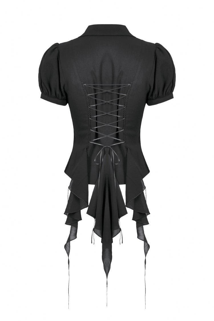 Black Multi-Layered Deep V Collar Pleated Short Puff Sleeves Lace-Up Gothic Blouse - Product - 12