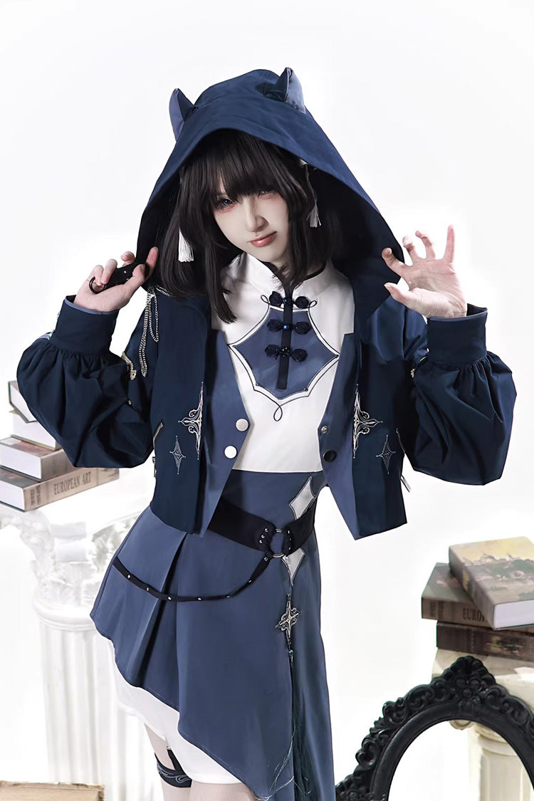 Blue [Indigo Shadow Journey] Stand Collar Long Sleeves Embroidered Hooded Asymmetric Punk Ouji Lolita Dress Four-Piece Set - Product - 15