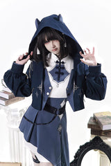 Blue [Indigo Shadow Journey] Stand Collar Long Sleeves Embroidered Hooded Asymmetric Punk Ouji Lolita Dress Four-Piece Set - Product - 15