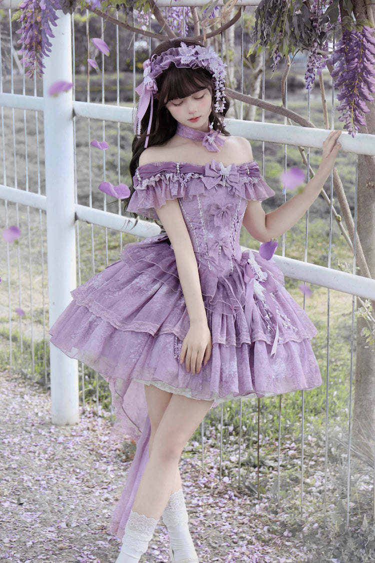 Purple [Wisteria Wonderland] Double-Layered Bow Lace-Up Sweet Elegant Princess Ballet Lolita Jsk Dress - Product - 2