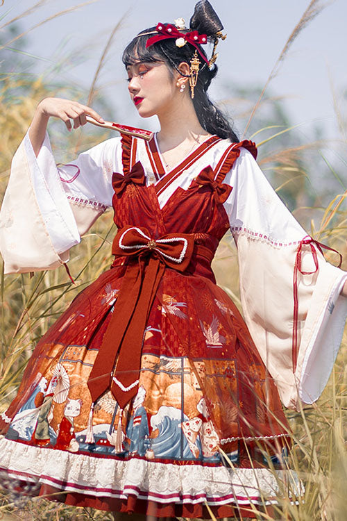 Wine Ukiyolu Cat Print Long Sleeves Chinese Style Fake Two Pieces Bowknot Ruffled Sweet Lolita OP Dress - Product - 2