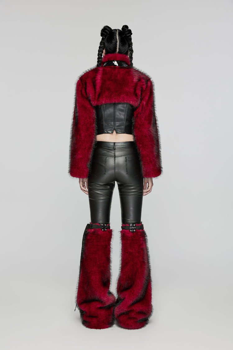 Red Stand Collar Long Sleeves Women's Punk Faux Fur Short Jacket - Product - 6