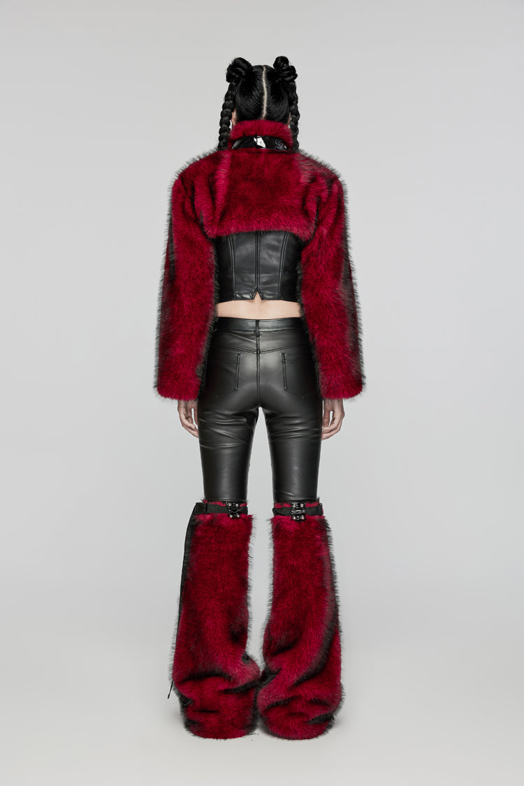 Red Stand Collar Long Sleeves Women's Punk Faux Fur Short Jacket - Product - 6