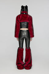 Red Stand Collar Long Sleeves Women's Punk Faux Fur Short Jacket - Product - 6