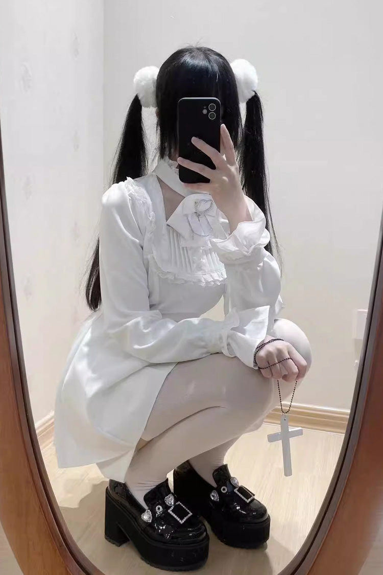 Stairway to Heaven Long Sleeves Embroidery Bowknot Lace Sweet Jirai Kei Set 3 Colors - White - 7