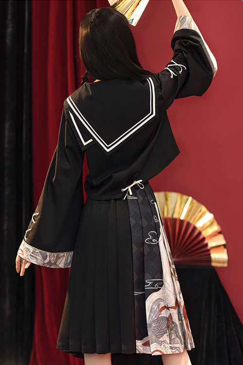 Black Bad Girl Chinese Elements Printed Asymmetric Pleated Skirt Full Set Of Classic Lolita Dress - Product - 6