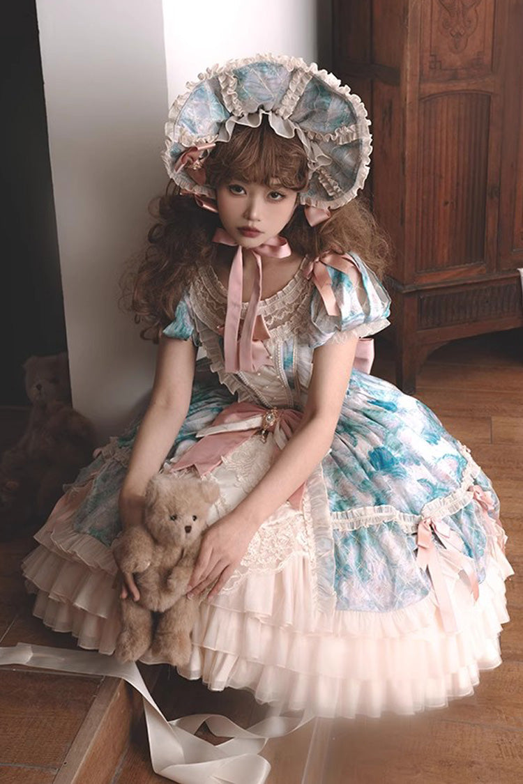 [Angel Heart Sky Oil Painting] Print Ruffle Cardigan Bowknot Sweet Princess Lolita Dress 3 Colors - Product - 18
