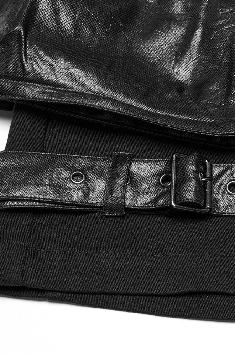 Black Big-pocket Faux Leather Stitching Men's Punk Shorts - Product - 7