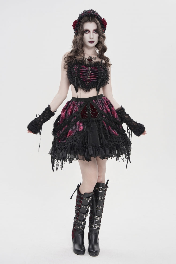 Black/Red Off Shoulder Bow Lace Color-Blocked Strappy Pleated Women's Gothic Corset - Product - 7