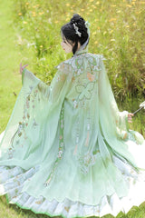 Green [Emerald Fantasy] Ming Dynasty Round Collar Long Sleeves Print Embroidery Sweet Hanfu Dress Set - Product - 7