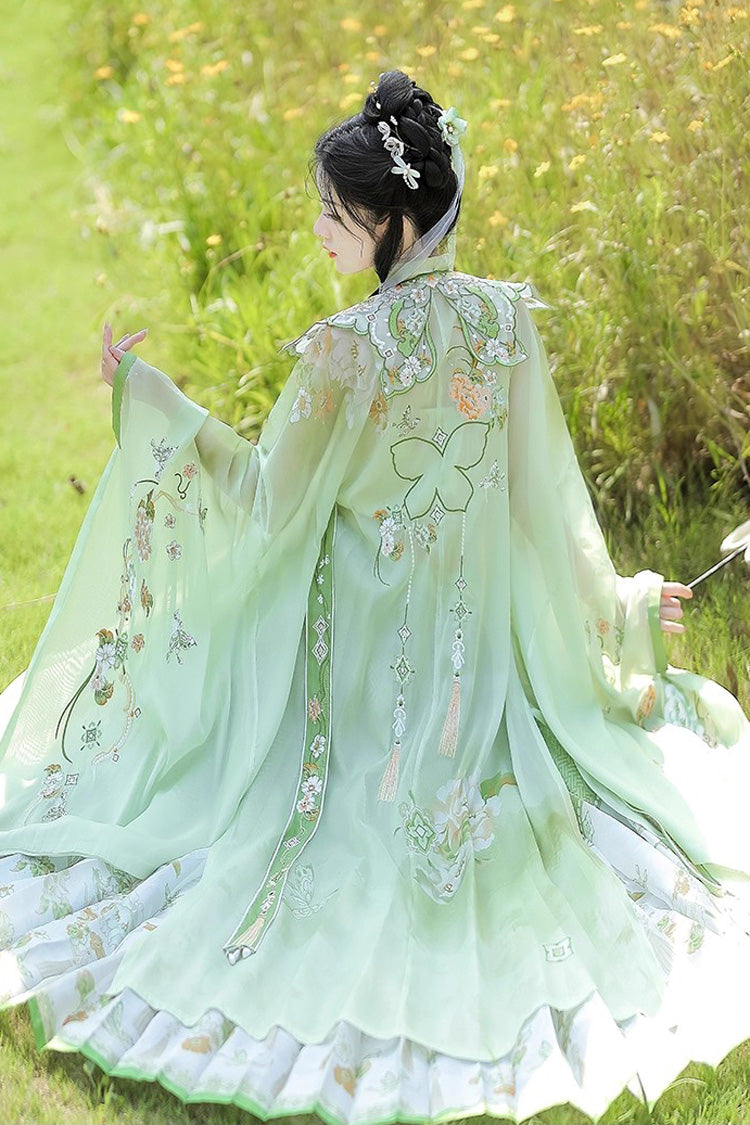 Green [Emerald Fantasy] Ming Dynasty Round Collar Long Sleeves Print Embroidery Sweet Hanfu Dress Set - Product - 7