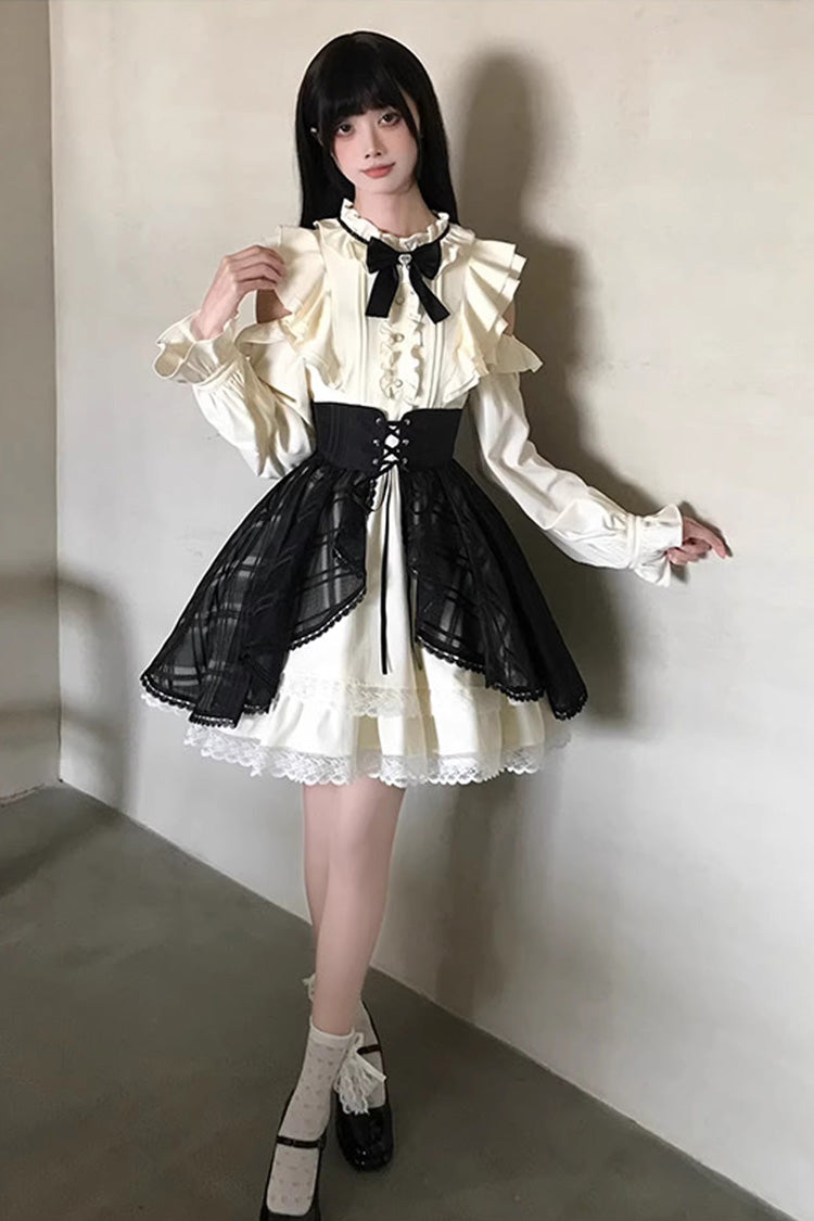 Black/Beige [Dark Chocolate Champagne] Stand Collar Off Shoulder Long Sleeves Double-Layered Ruffled Sweet Japanese Lolita Dress - Product - 2