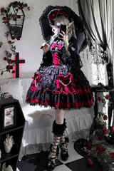 Black/Red [Rose Princess] Sleeveless Ruffle Bowknot Lace Lace-Up Gothic Ballet Lolita Jsk Dress - Product - 8