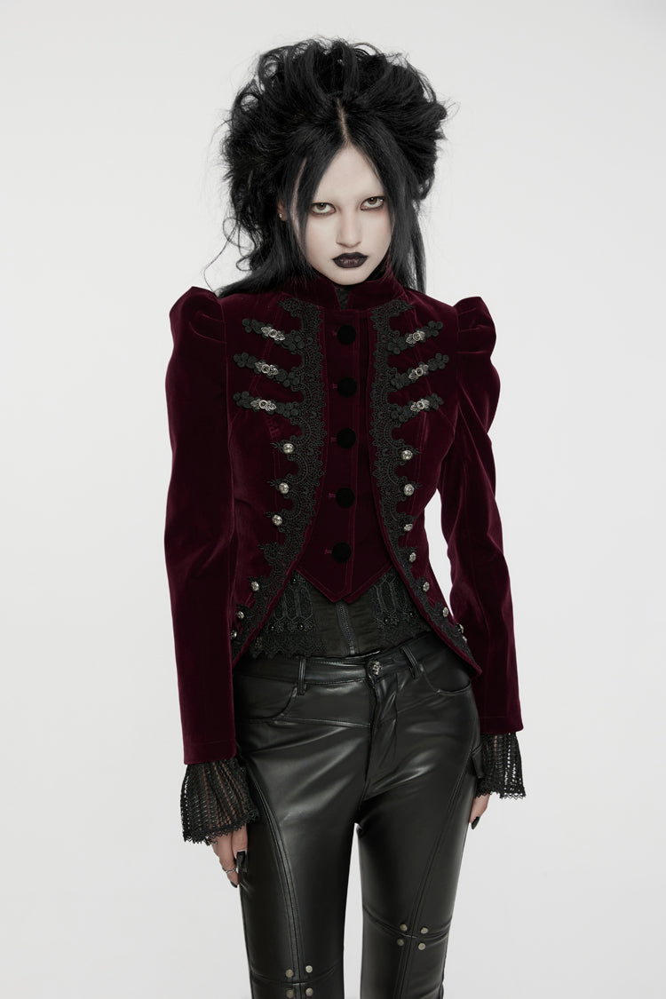 Red Stand Collar Long Sleeves Women's Gothic Swallowtail Coat - Product - 3