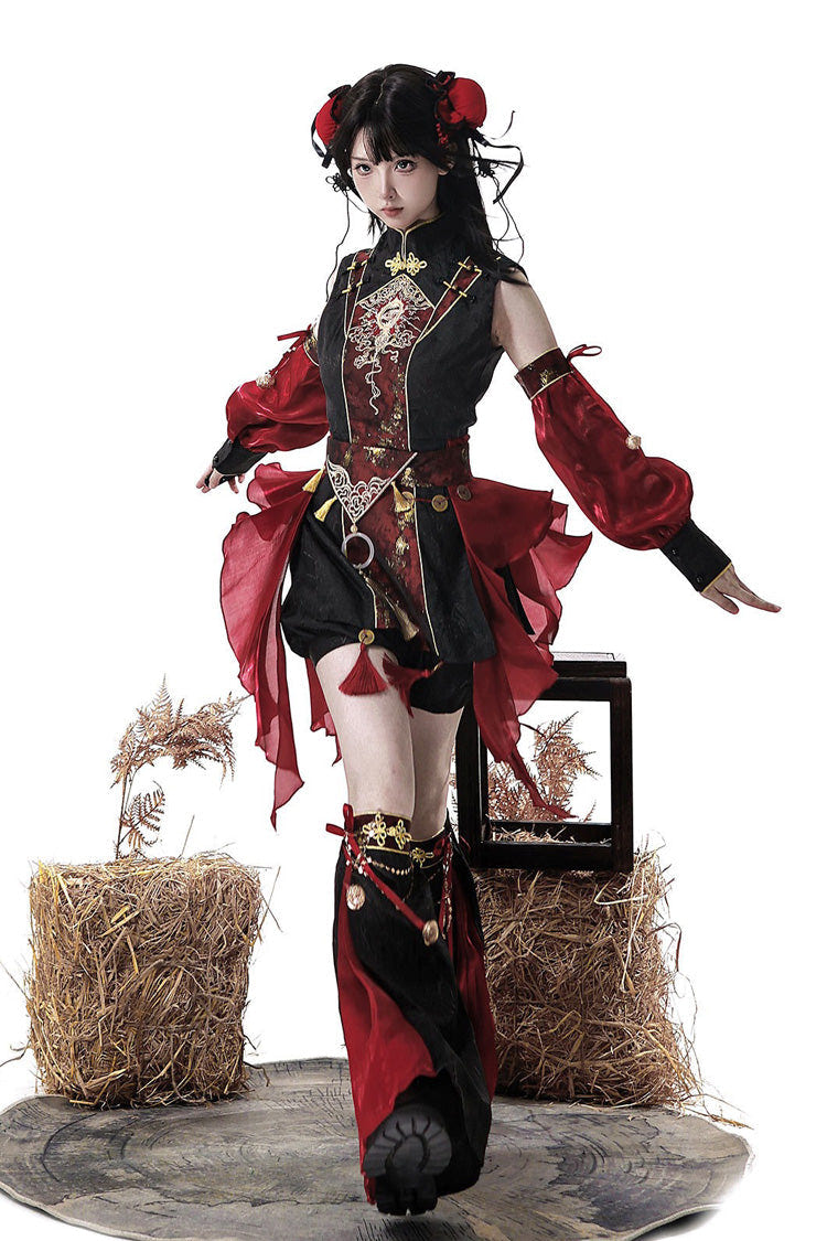 Black/Red [Demon Hunter] Stand Collar Sleeveless Embroidered Gothic Chinese Inspired Cool Ouji Hanfu Set - Product - 6