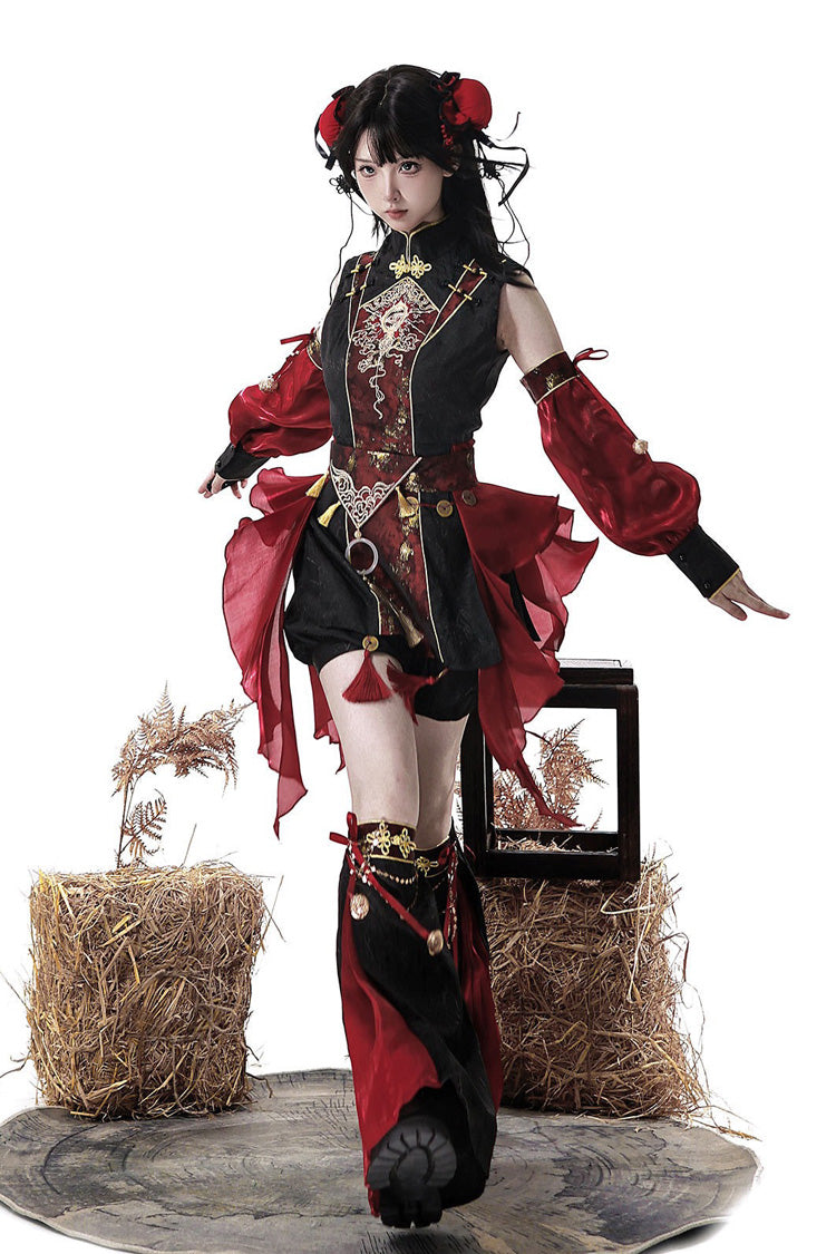 Black/Red [Demon Hunter] Stand Collar Sleeveless Embroidered Gothic Chinese Inspired Cool Ouji Hanfu Set - Product - 6