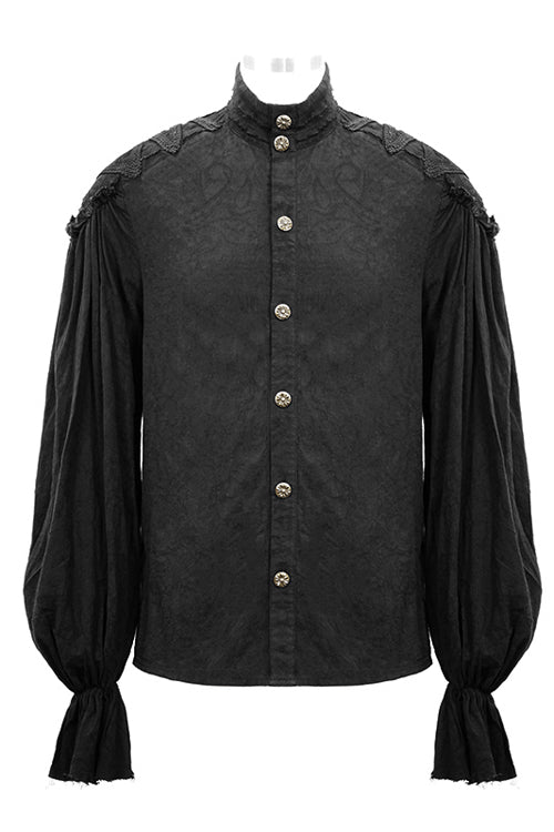 Black Straight Collar Puff Sleeve  Jacquard Mens Punk Blouse - Product - 4