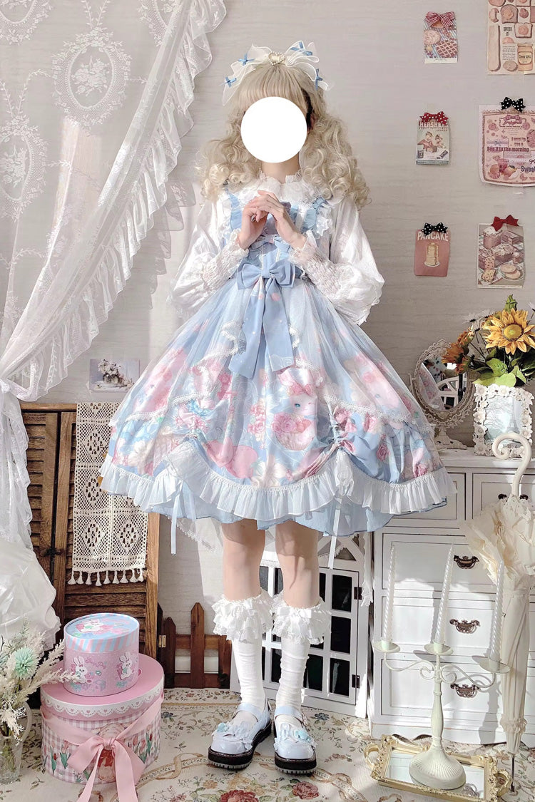 Blue Sleeveless High Waisted Rabbit Print Ruffle Bowknot Sweet Lolita Jsk Dress - Product - 6