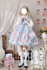 Blue Sleeveless High Waisted Rabbit Print Ruffle Bowknot Sweet Lolita Jsk Dress - Product - 6