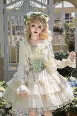 Green [Letters & Poems · Whisper of Lily of the Valley] Square Collar Multi-Layered Ruffled Embroidered Fishbone Sweet Lolita Jsk Dress 2 Versions - Product - 13