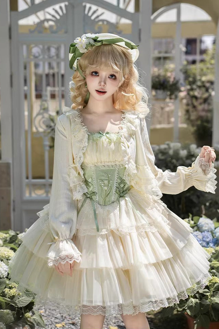 Green [Letters & Poems · Whisper of Lily of the Valley] Square Collar Multi-Layered Ruffled Embroidered Fishbone Sweet Lolita Jsk Dress 2 Versions - Product - 13