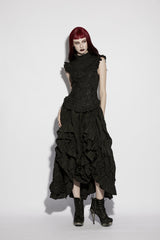 Black Stand Collar Sleeveless Ruffled Embroidered Lace-Up Slim Fit Women's Gothic Elegant Royal Blouse - Product - 5