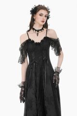 Black Off Shoulder Lace Flutter Sleeves Jacquard Side Corset Lace-Up Women's Gothic Slip Dress - Product - 6