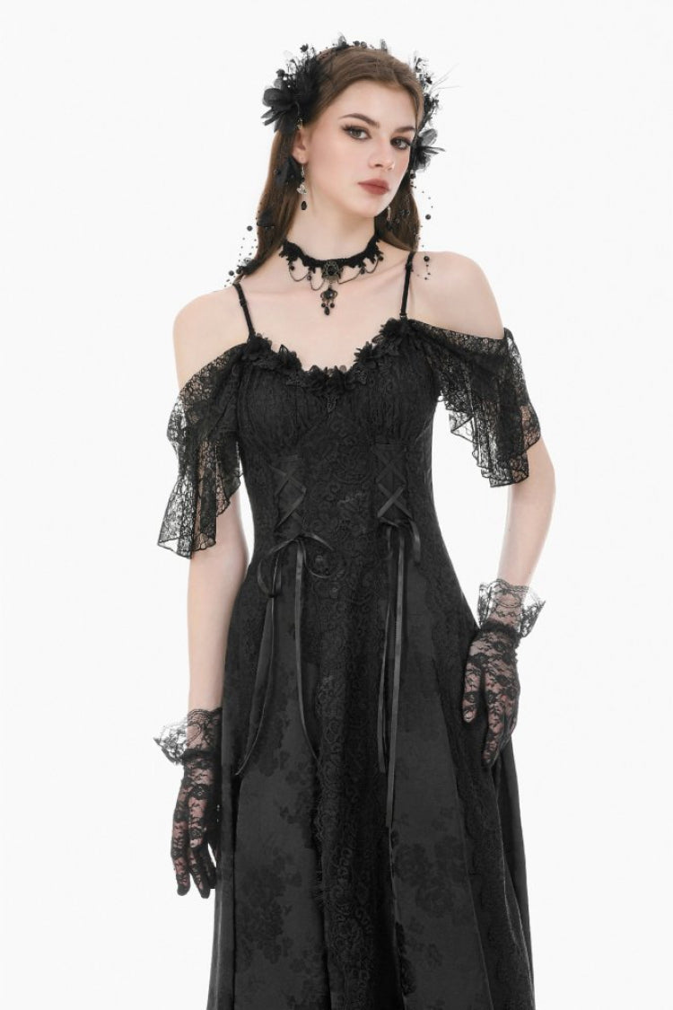 Black Off Shoulder Lace Flutter Sleeves Jacquard Side Corset Lace-Up Women's Gothic Slip Dress - Product - 6