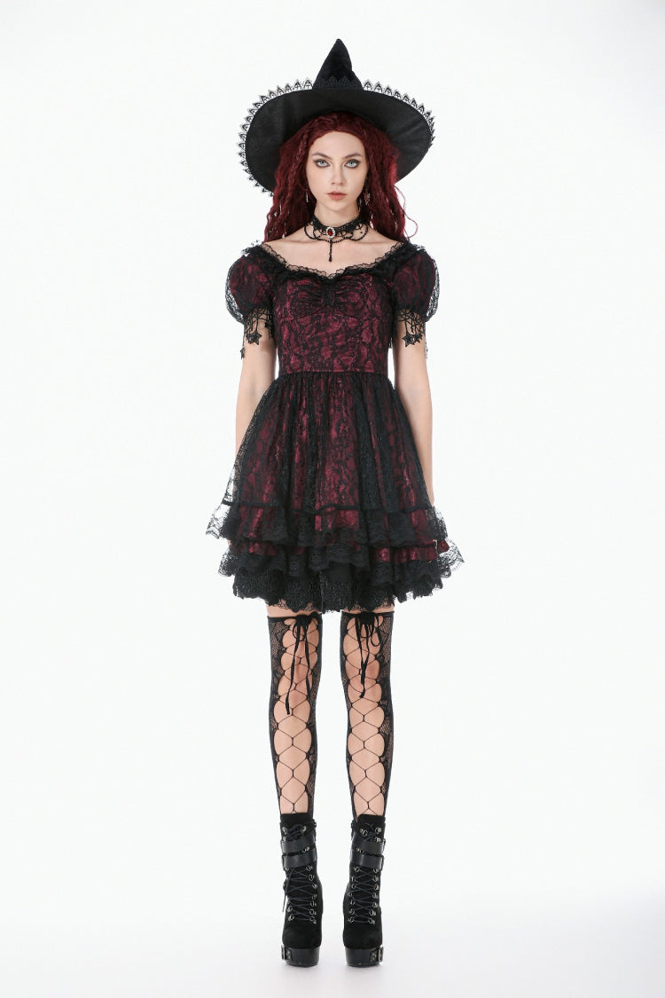 Black/Red Star Square-cut Collar Short Sleeves Lace Women's Gothic Priness Dress Graduation Dress - Product - 5