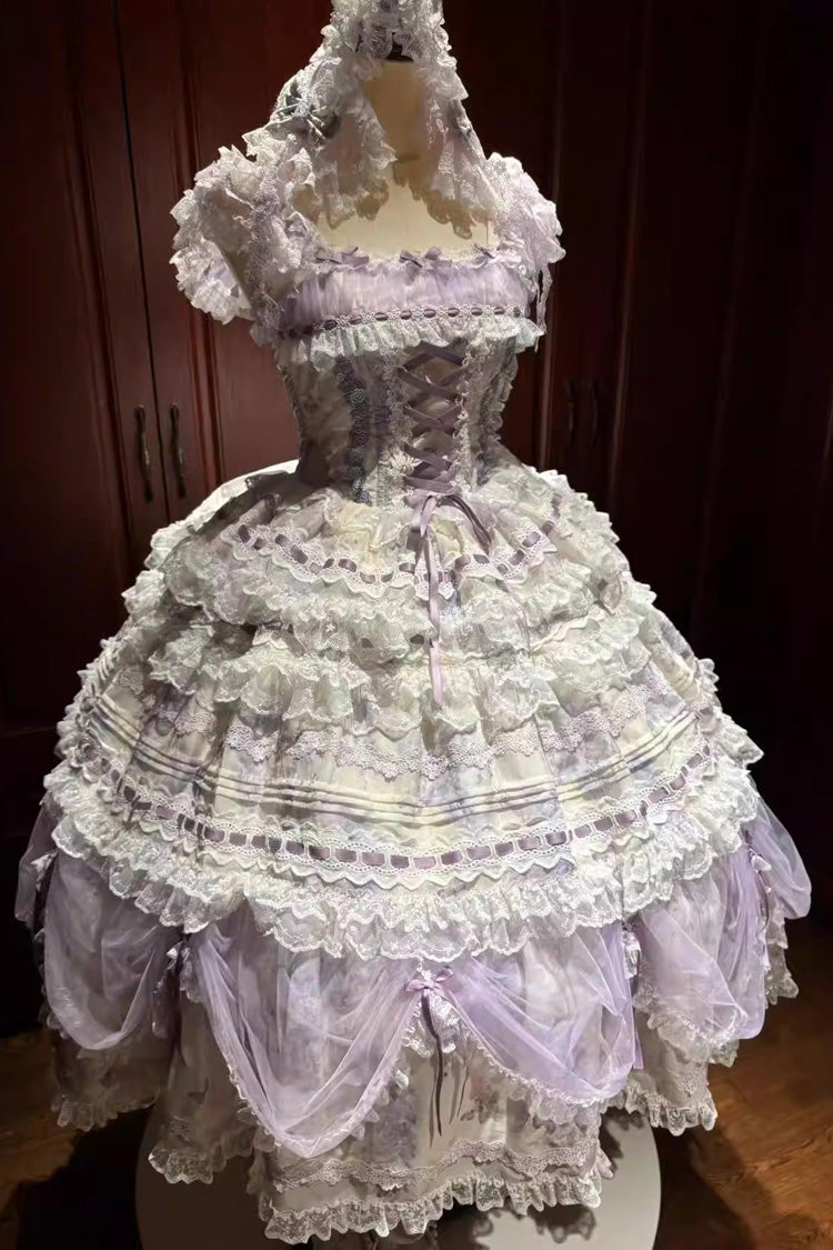 Purple [Wisteria] Sleeveless Multi-Layered Hanayome Bow Lace Lace-Up Sweet Gorgeous Lolita Jsk Dress Set - Product - 3