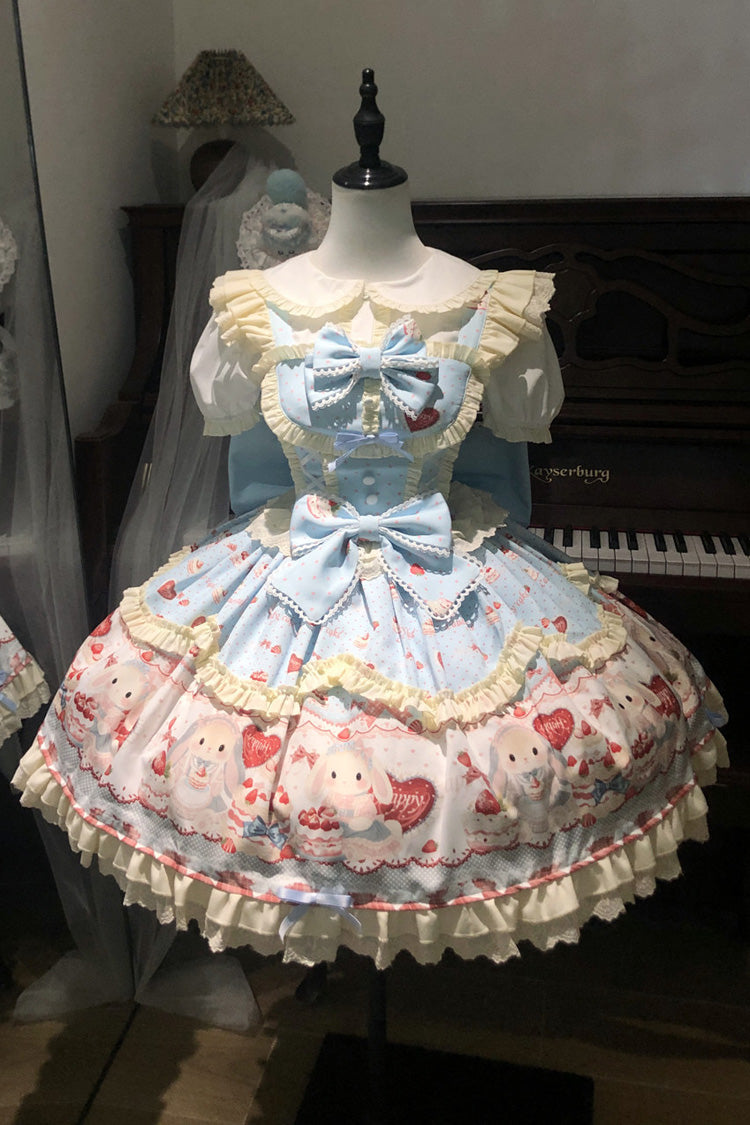 Blue [Cute Rabbit Party] Sleeveless Double-Layered Printed Ruffled Bow Sweet Lolita Jsk Dress - Blue - 1