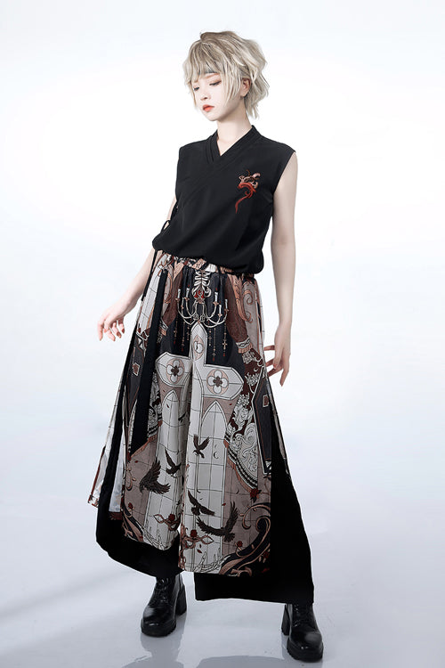 Multi-Color Night Command Print Wide Leg Ouji Lolita Trousers - Product - 3