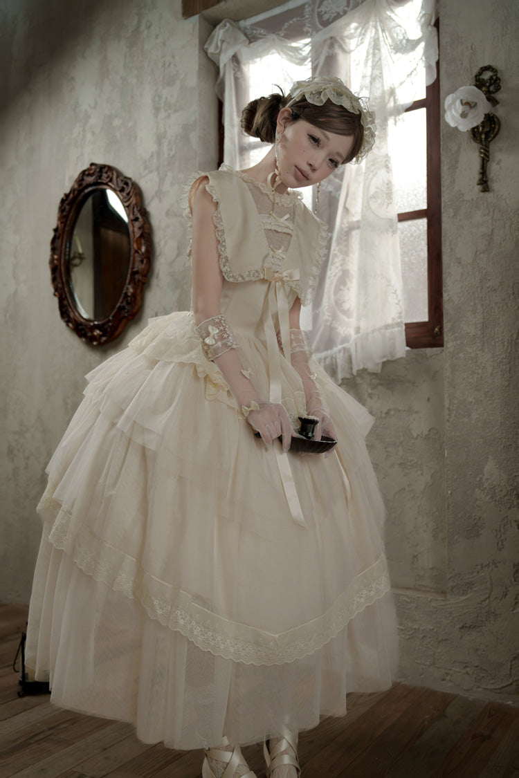 White [Dream by the Pillow] Triple-Layered Ruffled Bow Lace Sweet Elegant Lolita Dress - Product - 7