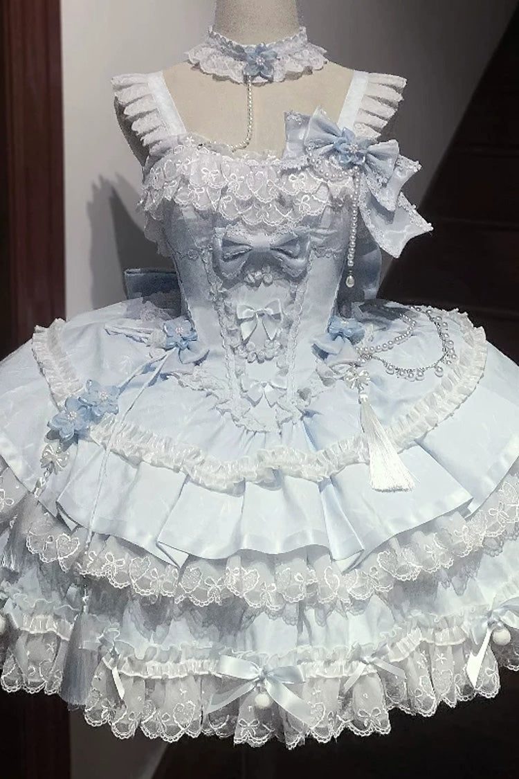 Green [Prelude of Spring Cherry] Square Collar Sleeveless Multi-Layered Jacquard Ruffled Bow Lace Pearl-Decorated Sweet Lolita Jsk Dress - Blue - 10