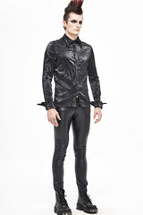 Black Twill Fold Collar Sharp Corner Cuff Light Metal Ring Webbing Men's Punk Shirt - Product - 7